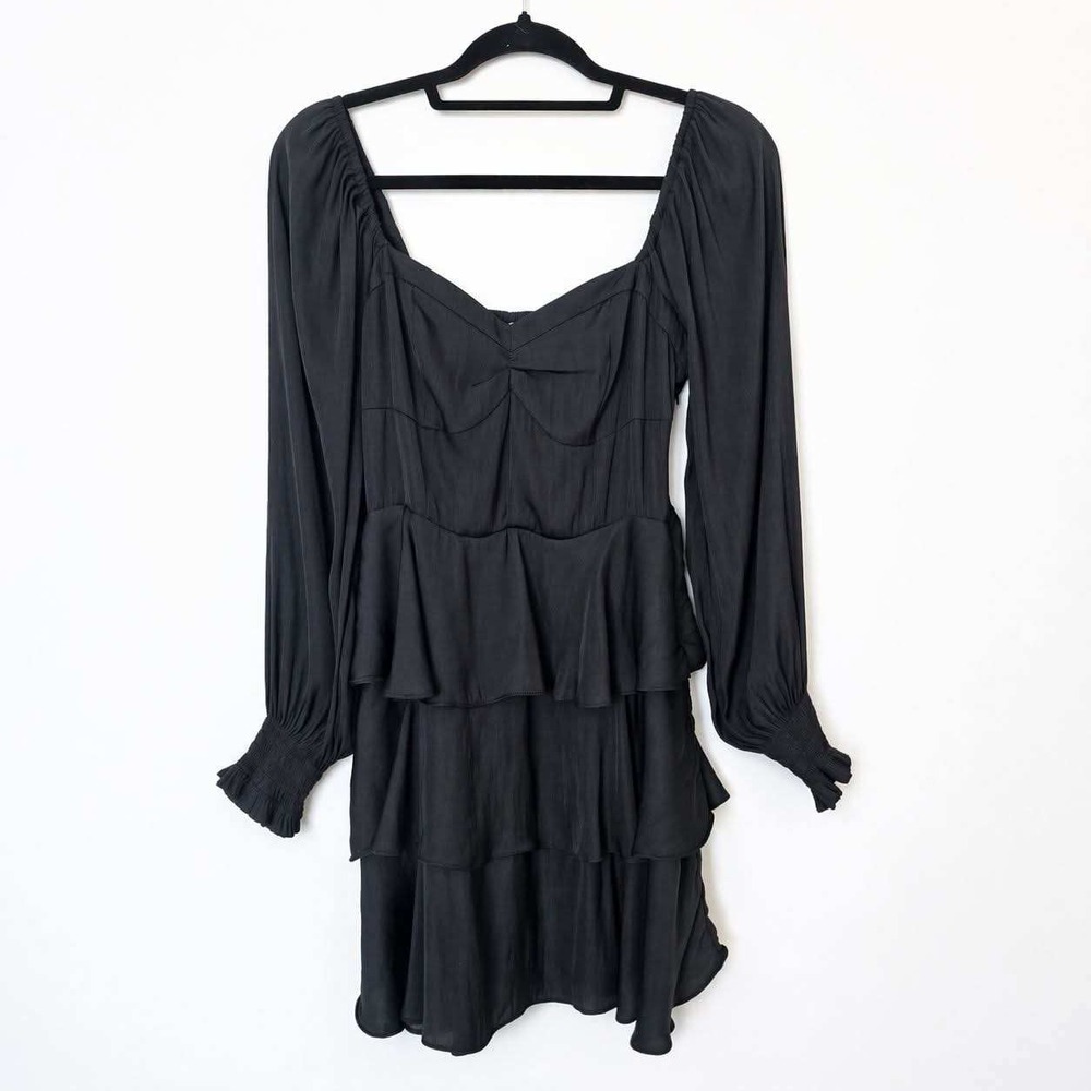 Altar'd State Mini Dress Womens‎ M Black Tiered Ruffle Long Sleeve Sweetheart
